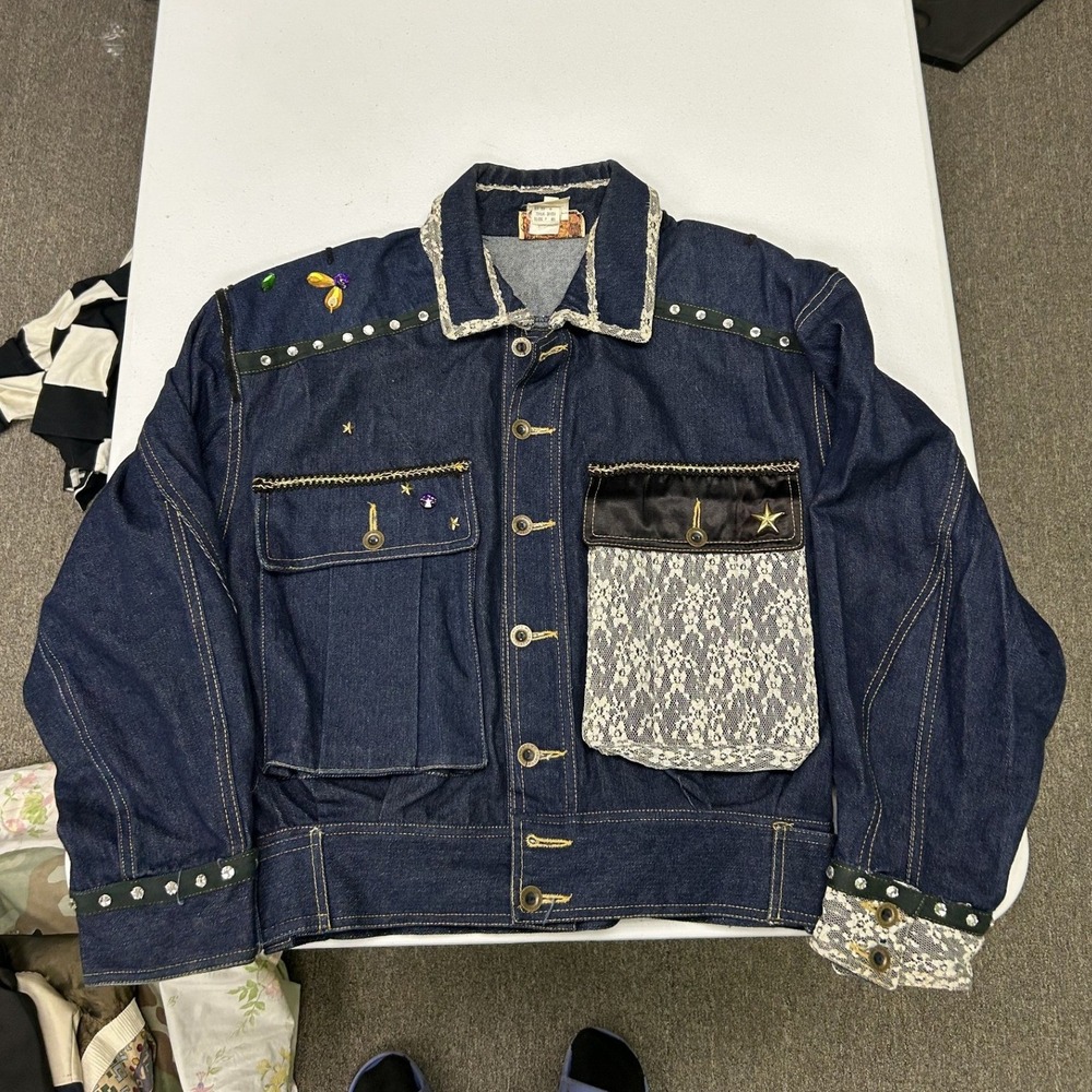 Bis Denim Jacket Women Petite P Blue Lace Studded Embellished Mixed Media E3